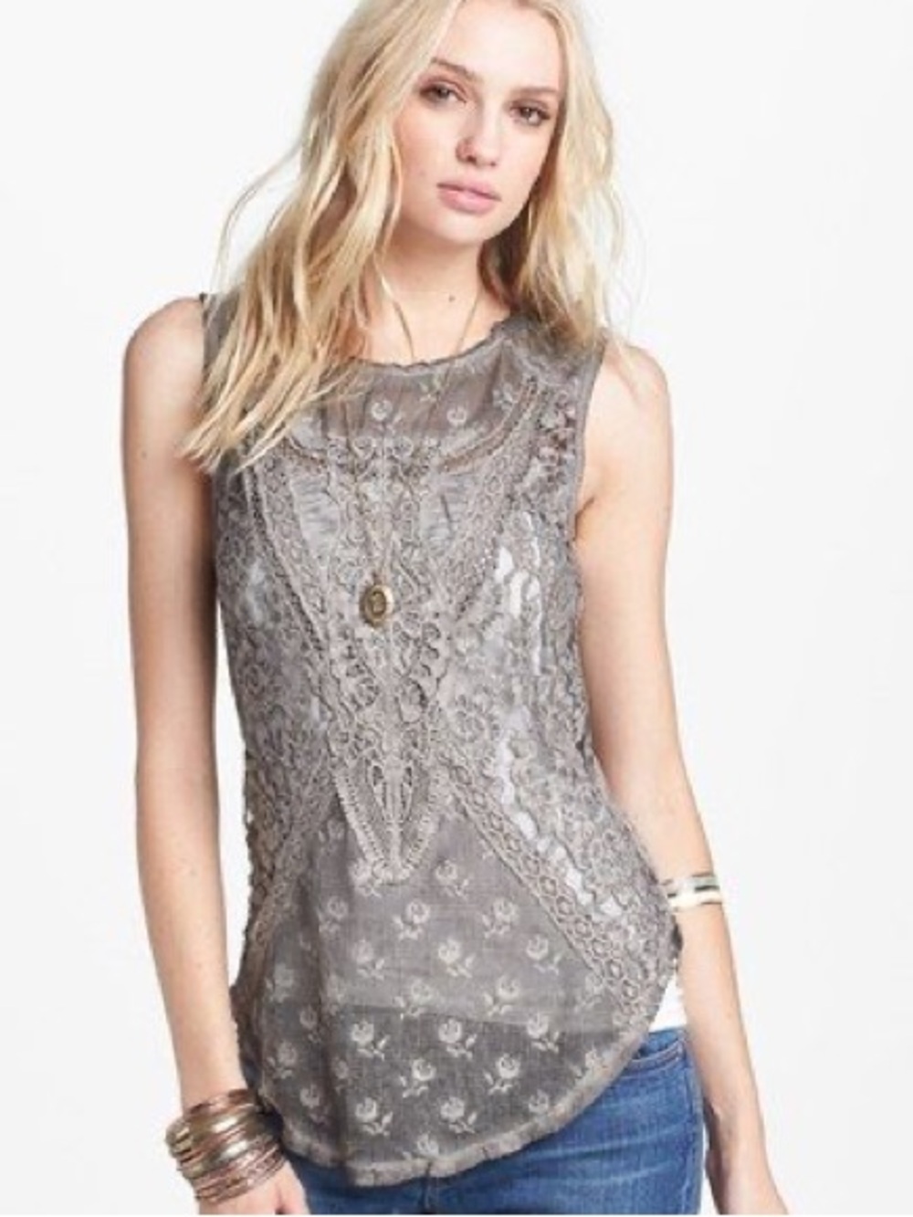Free People Not So Sweet Gray Lace Overlay Sleeveless Tank EUC - size medium